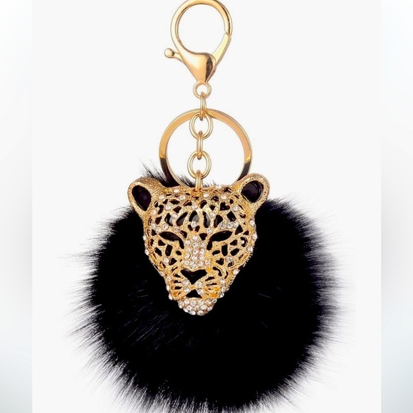 Accessories - Leopard head rhinestone bling bag charm with faux fur puffball purse cha…